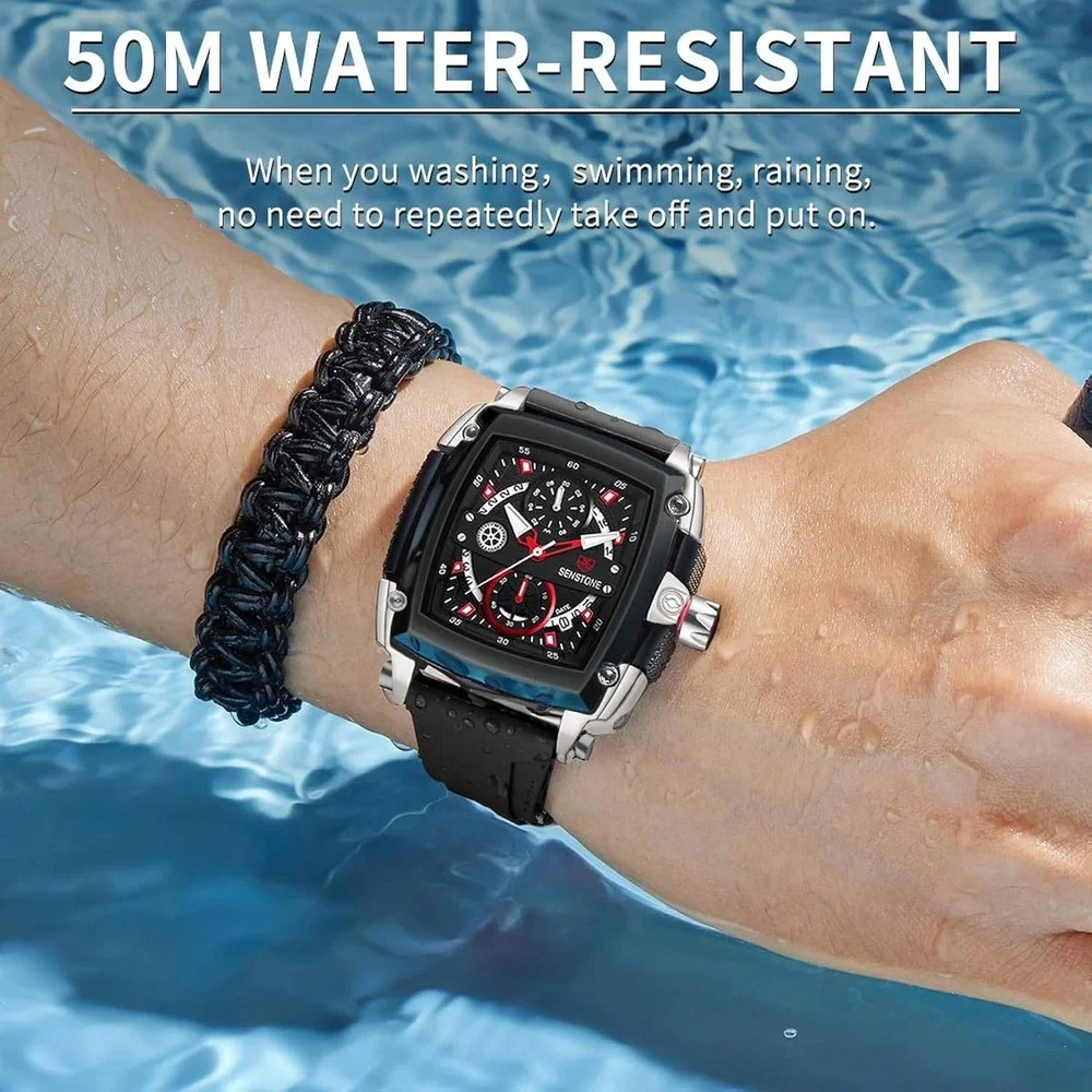 Senstone Mens Watch Black Square Chronograph Sports Silicone Strap X0045GCRD9
